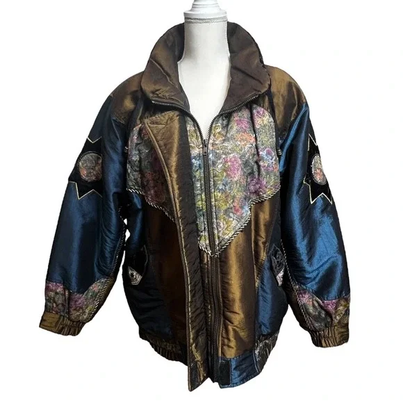 VTG 90's Braetan Patchwork Floral Ski Jacket SZ Large Metallic Turquoise Brown - Picture 7 of 12